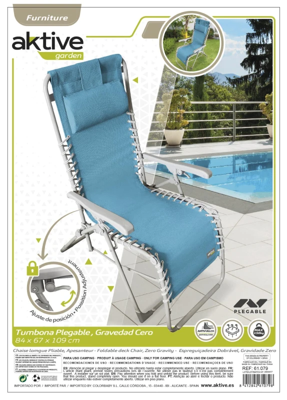 Tumbona Plegable Gravedad Cero con Cojín Acolchado, 160x52x76 Cm, Azul