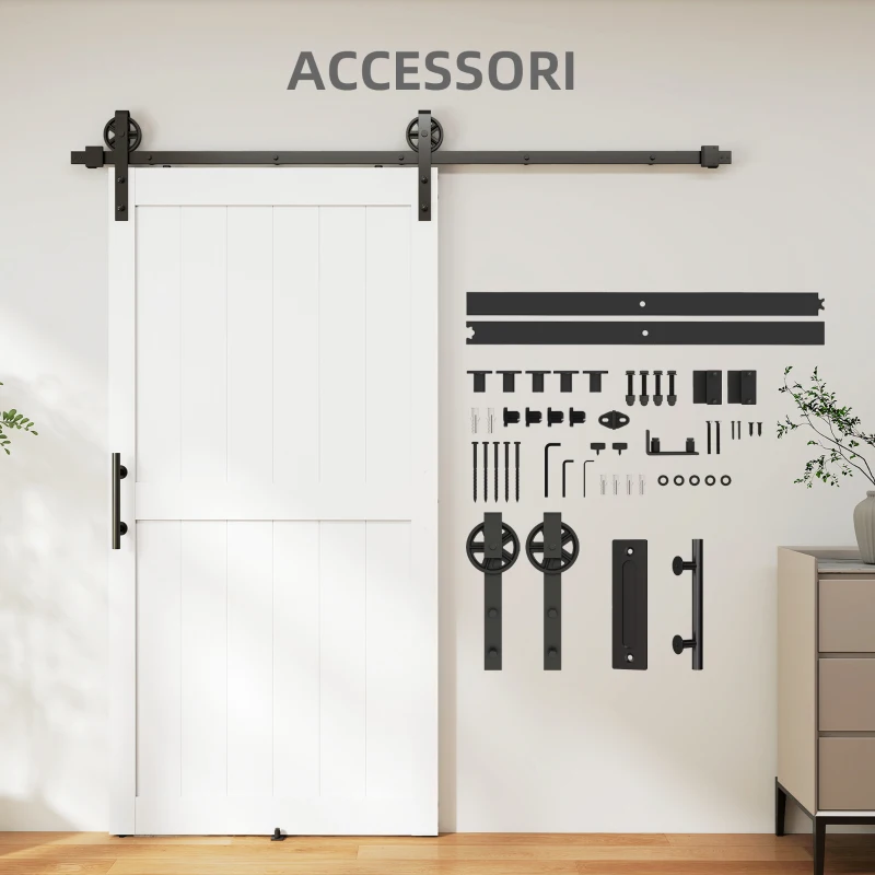 HOMCOM Porta Scorrevole in Stile Country con Binario e Maniglia in Legno e Acciaio, 106.6x213.4 cm, Bianco e Nero