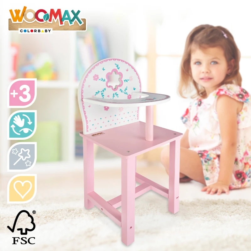 Trona para Muñecas 30-40 Cm de Madera Natural, 26x7x42 Cm, Blanco y Rosa