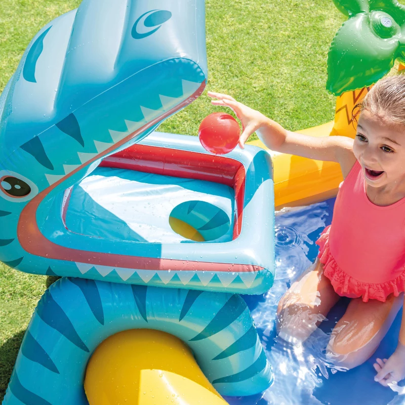 Centro de Juegos Hinchable con Tobogán Acolchado y Dinosaurio, 249x191x109 Cm, Azul