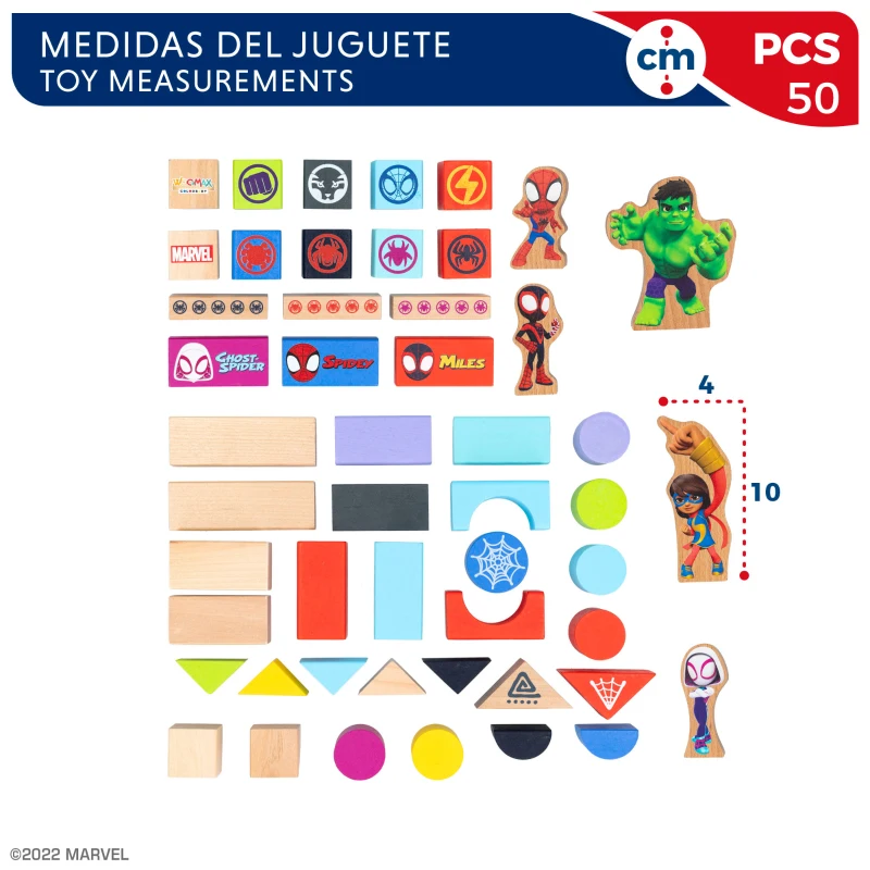 Bloques de Madera Spidey y Su Superequipo, 50 Piezas, 18x18x18,5 Cm, Multicolor