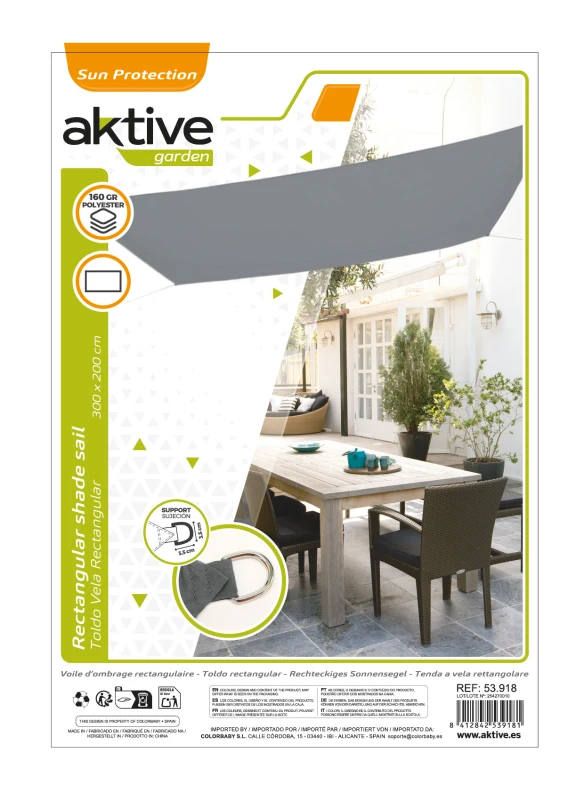 Toldo Vela Rectangular de Poliéster 160 G/m², 200x300x0 Cm, Gris Antracita