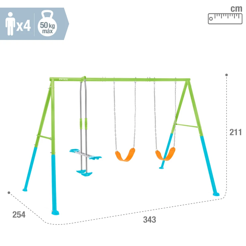 Columpio Infantil INTEX 3 en 1 Balancín Biplaza Acero Galvanizado, 343x254x211 Cm, Multicolor