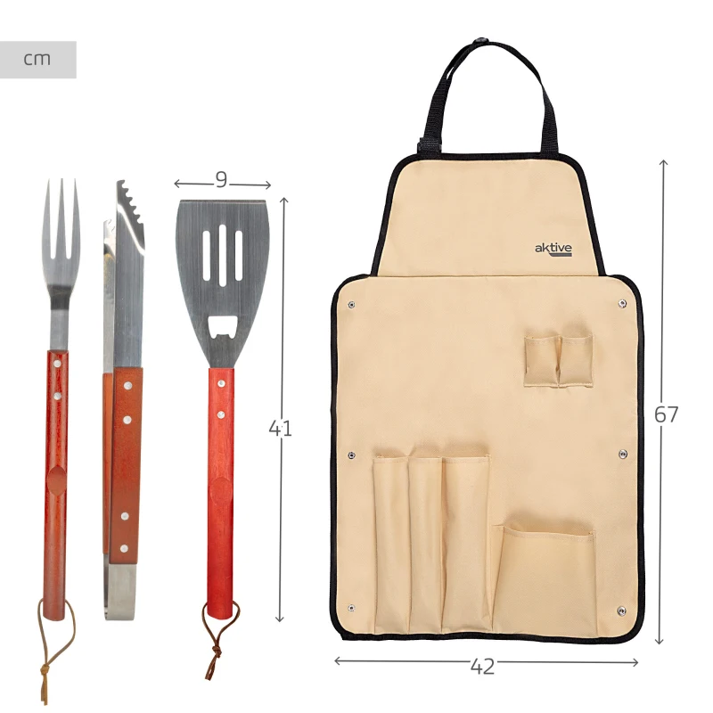 Set Utensilios Barbacoa Aktive con Delantal Plegable y 6 Accesorios, 42x67x41 Cm, Marrón