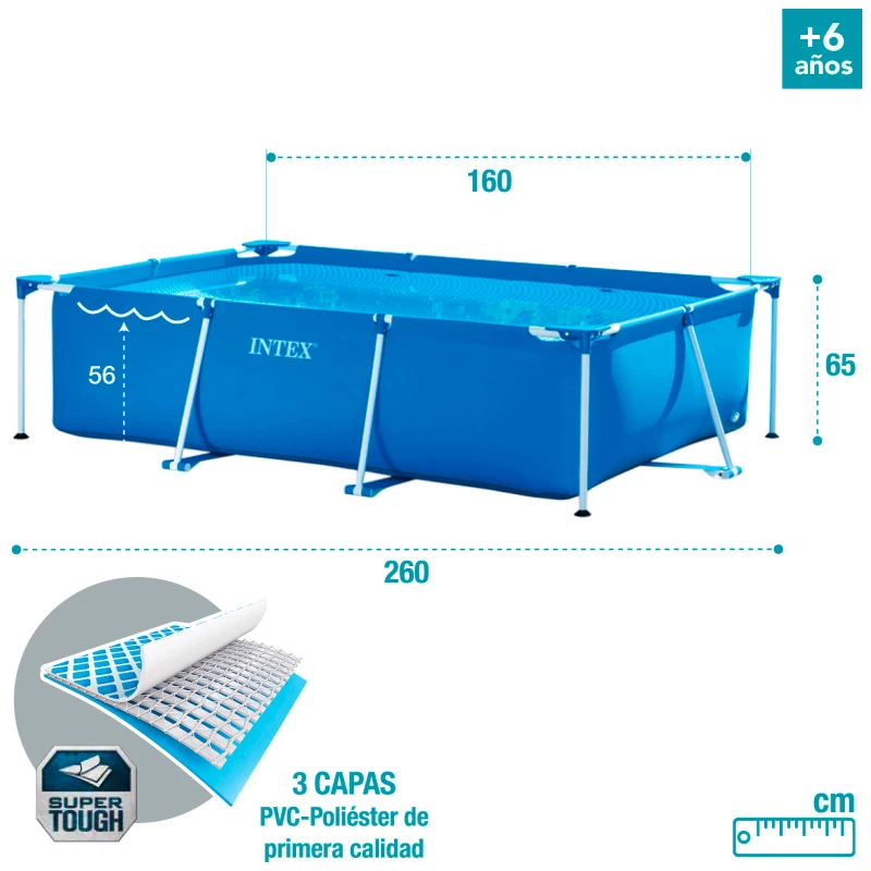 Piscina Desmontable Rectangular con Estructura Metálica, 260x160x65 Cm, Azul