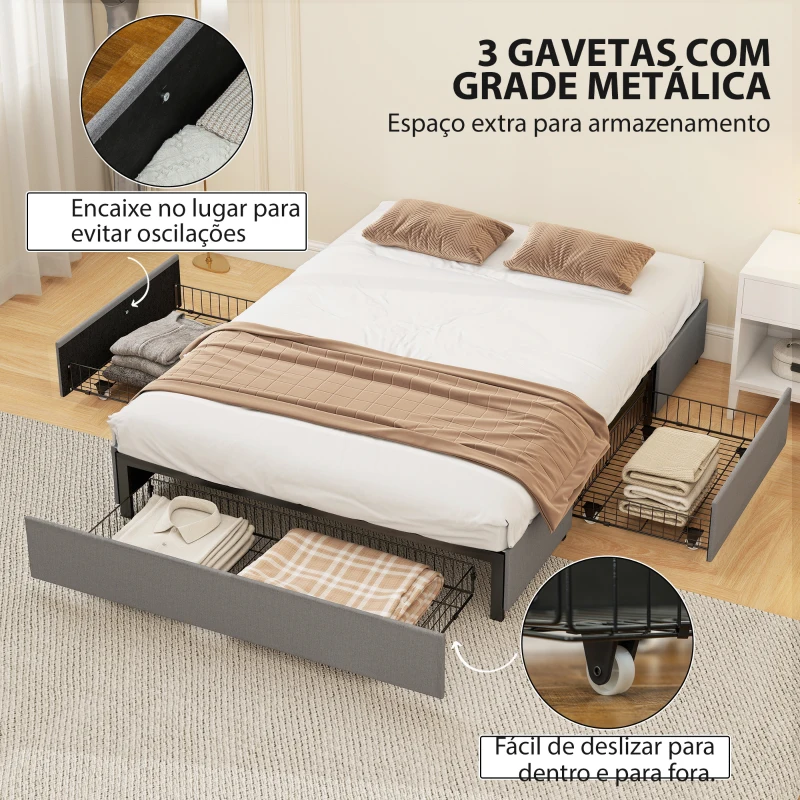 HOMCOM Cama de Casal 140x190 cm Estrado com 3 Gavetas e Estrutura Metálica Suporta 363 kg Cinzento