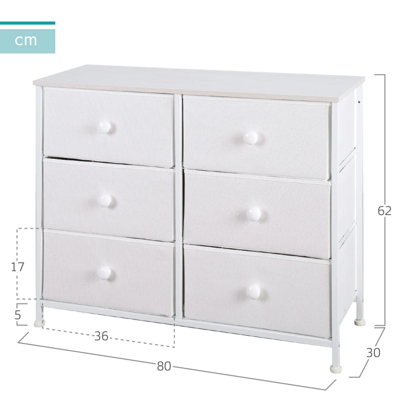 Cómoda 6 Cajones Plegables de Tela, 80x30x62 Cm, Blanco