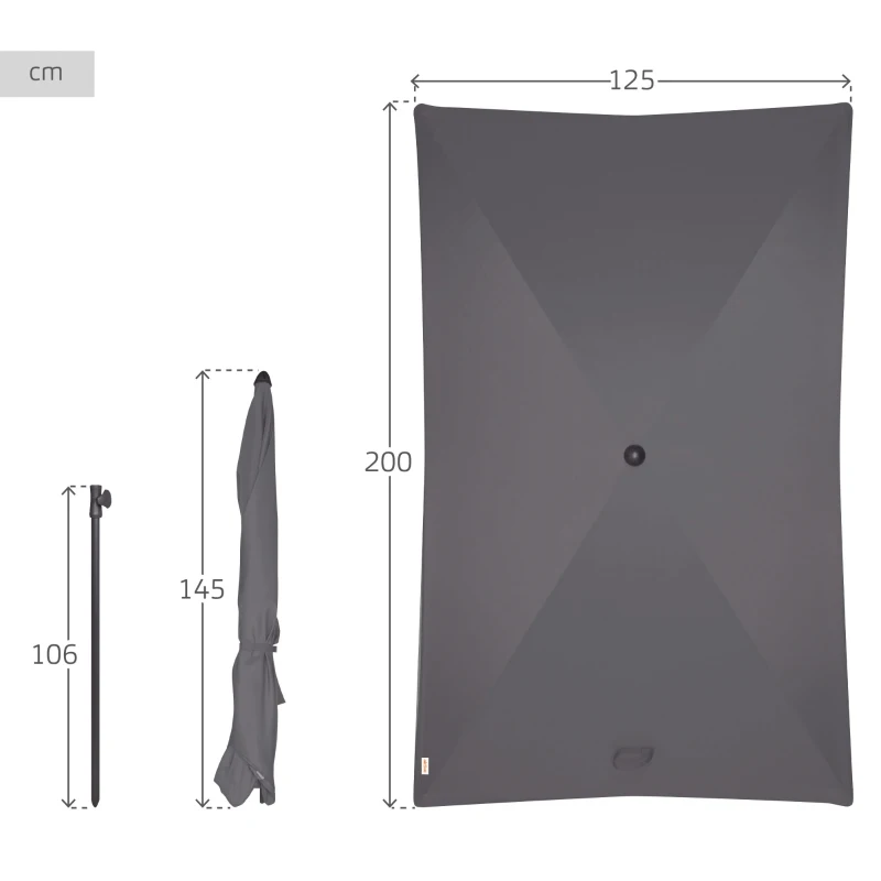 Sombrilla Rectangular Reclinable para Balcón, 200x125 Cm, Antracita