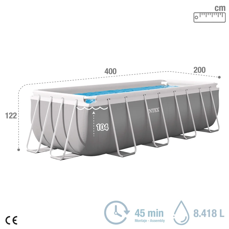 Piscina Desmontable Rectangular Prism Frame con Depuradora, 400x200x122 Cm, Gris Claro