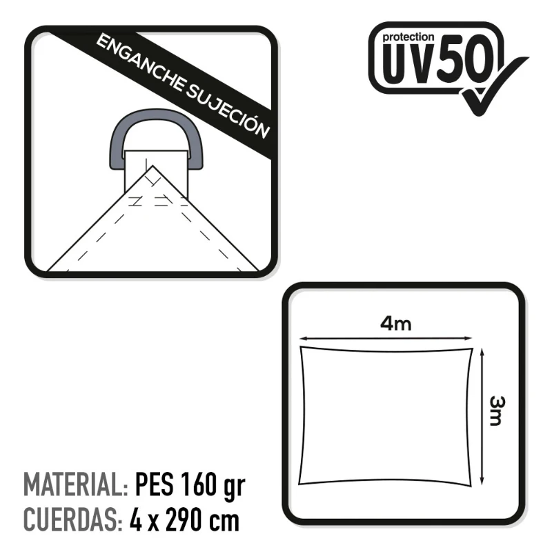 Toldo Vela Rectangular Poliéster 160 G/m² UV50, 300x400x0 Cm, Blanco