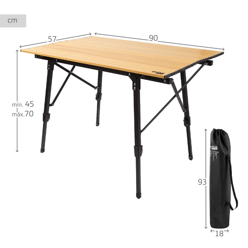 Mesa Plegable Glamping Altura Ajustable, 90x57x45-70 Cm, Tierra