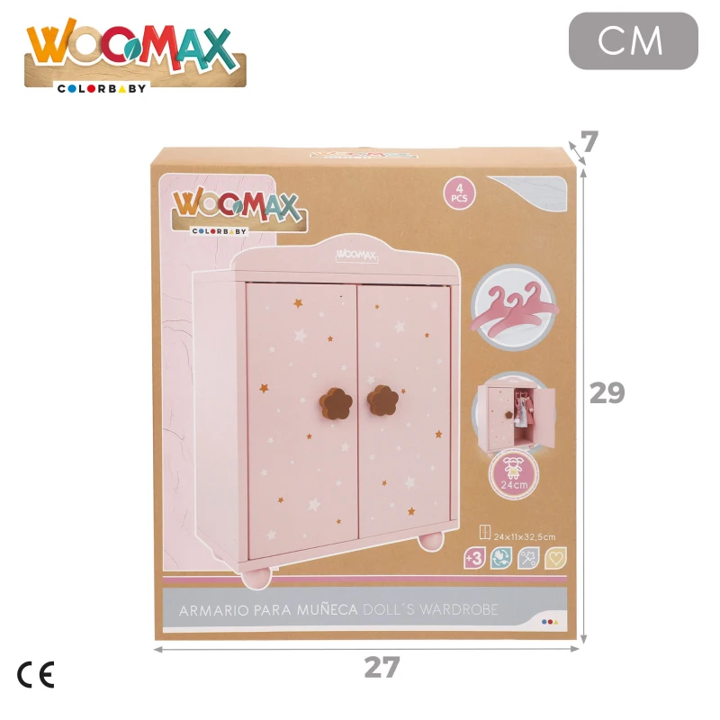 Armario de Madera para Muñecas con 3 Perchas, 24x11x32,5 Cm, Rosa