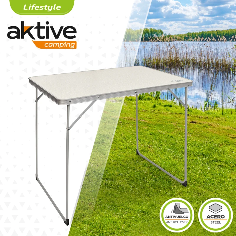 Mesa Plegable de Camping Aktive, Estructura de Acero 9,5 Mm y Tablero MDF, 80x60x70 Cm, Blanco