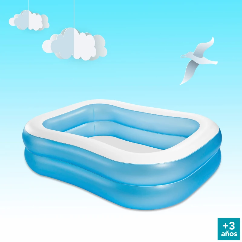 Piscina Hinchable Familiar Rectangular 2 Anillos Vinilo 0,30 Mm, 203x152x48 Cm, Azul