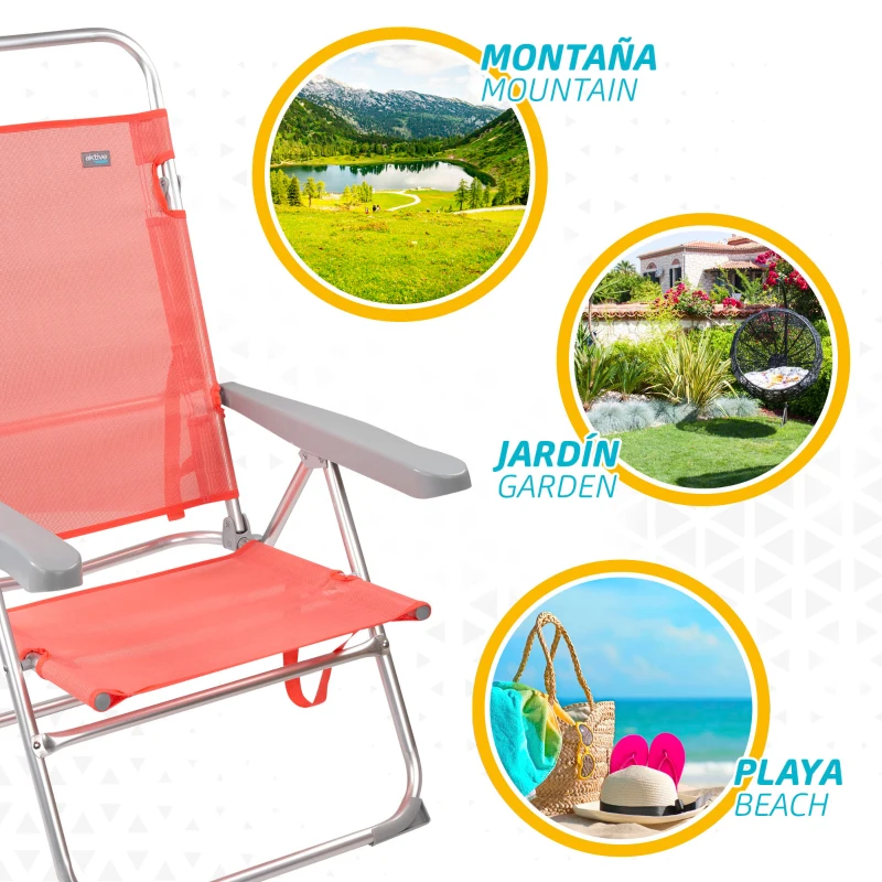 Silla Baja Plegable Reclinable con Estructura de Aluminio, 48x57x100 Cm, Coral