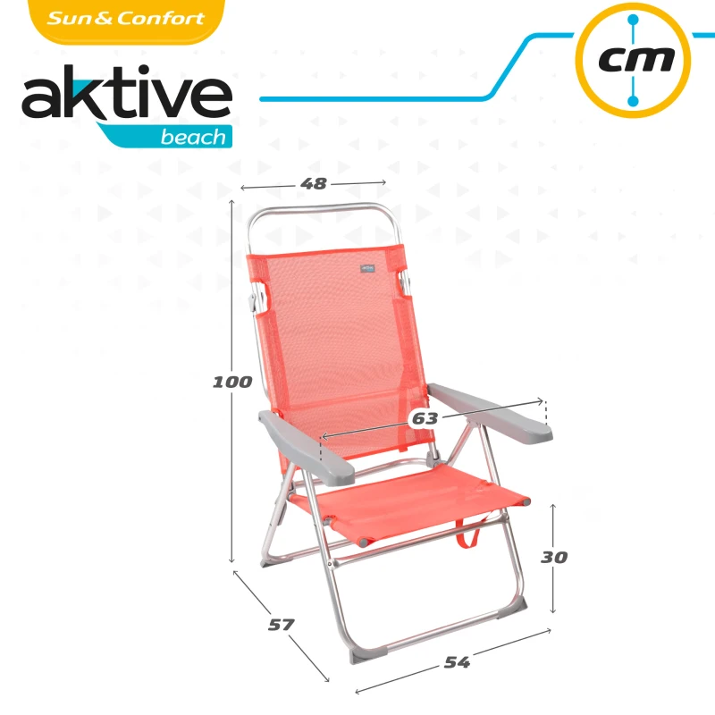 Silla Baja Plegable Reclinable con Estructura de Aluminio, 48x57x100 Cm, Coral