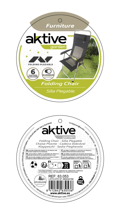 Silla Plegable Jardín Aktive Reclinable 6 Posiciones, 58x11x94 Cm, Gris