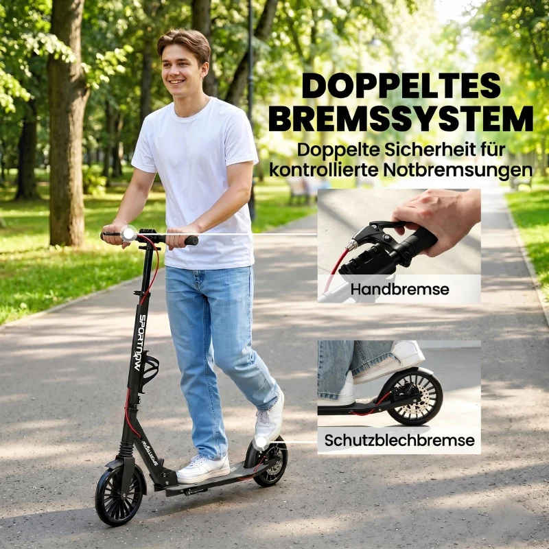 SPORTNOW Hulajnoga miejska aluminiowa regulowana wysokość & składana Scooter z 20 cm kołami PU ABEC-7 łożyska podwójny system hamulcowy