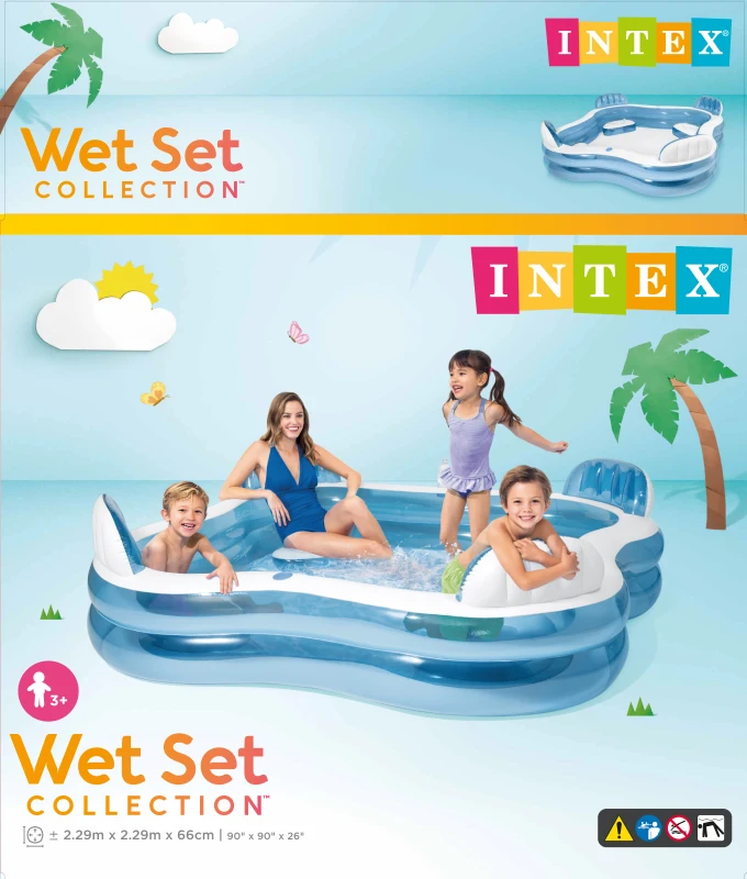 Piscina Hinchable Familiar 4 Asientos con Respaldo y 2 Posavasos, 229x229x66 Cm, Azul