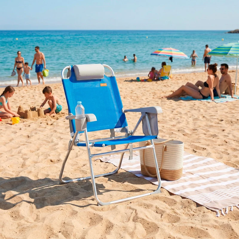 Silla de Playa Plegable Superresistente Reclinable 48x65x100 Cm, Azul y Gris