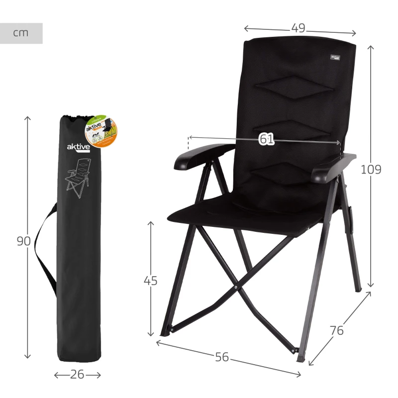 Silla Plegable Camping Acolchada Reclinable, 28,5x18x93 Cm, Negro