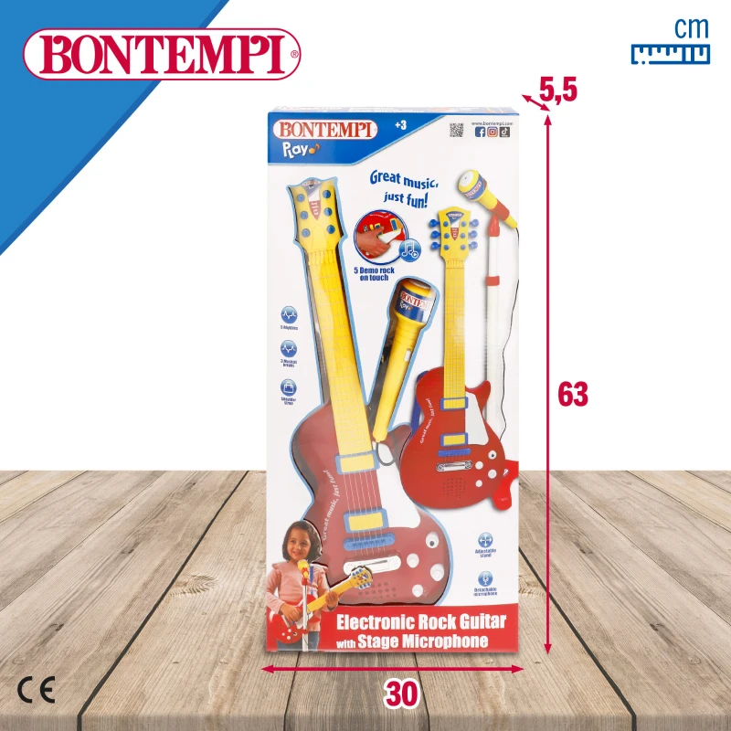 Guitarra Eléctrica Infantil Bontempi con Micrófono y Altavoz, 30x5,5x63 Cm, Rojo y Amarillo