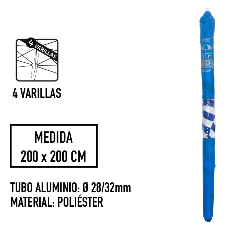 Sombrilla Cuadrada Aktive con Tejido 160 Gr/m2 UV30 y 4 Varillas de Fibra, 200x200x252 Cm, Azul Marino