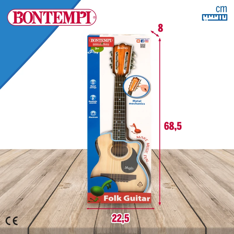 Guitarra Infantil Folk Bontempi 6 Cuerdas Afinables, 68 Cm, Madera