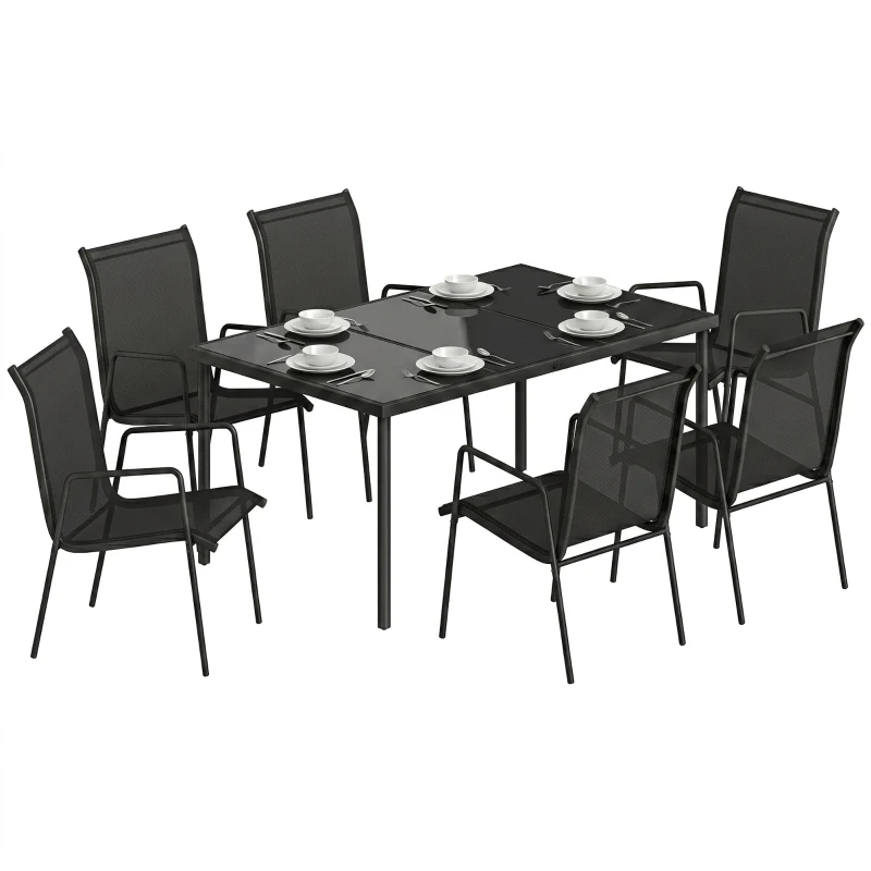 Outsunny Set de Grădină 7 piese din Oțel cu 6 Scaune Stivuibile din Textilenă și Masă de Cafea cu Blat din Sticlă, Negru