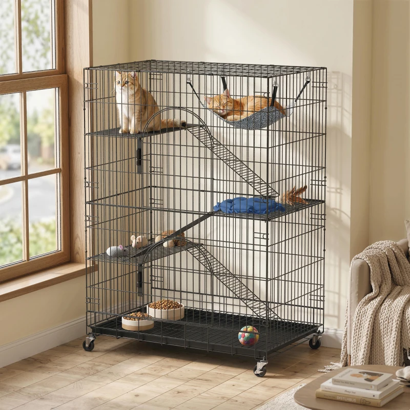 PawHut Gabbia Gatti a 4 Livelli con Amaca, Letto, Rampe e Piattaforme in Metallo con Ruote e Vassoio Estraibile, Nero