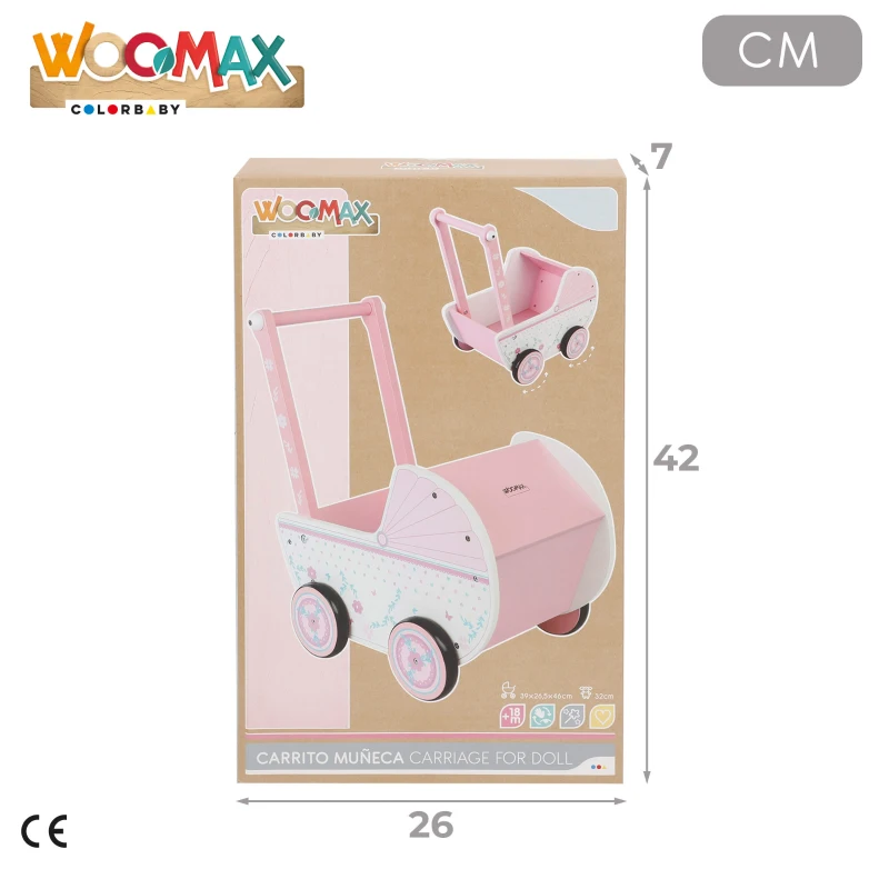 Carrito de Muñecas de Madera WOOMAX, Apto para Muñecas 30-40 Cm, 26x7x42 Cm, Blanco y Rosa