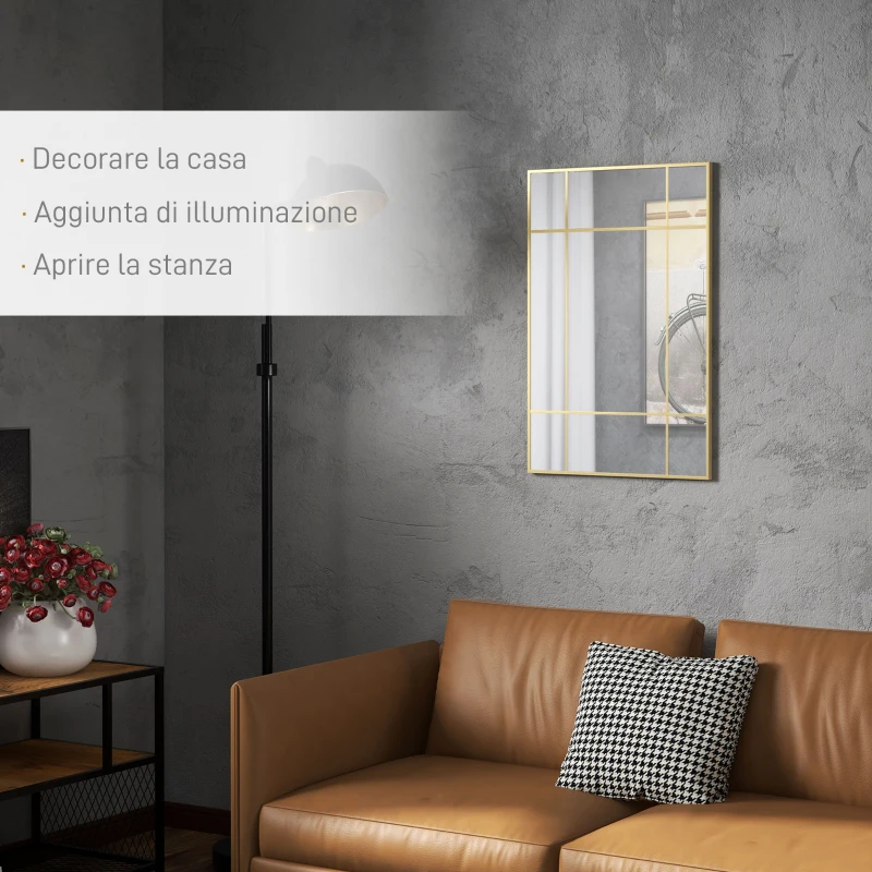 HOMCOM Specchio da Parete Stile Finestra con Montaggio Verticale e Orizzontale, 90x60 cm, Oro