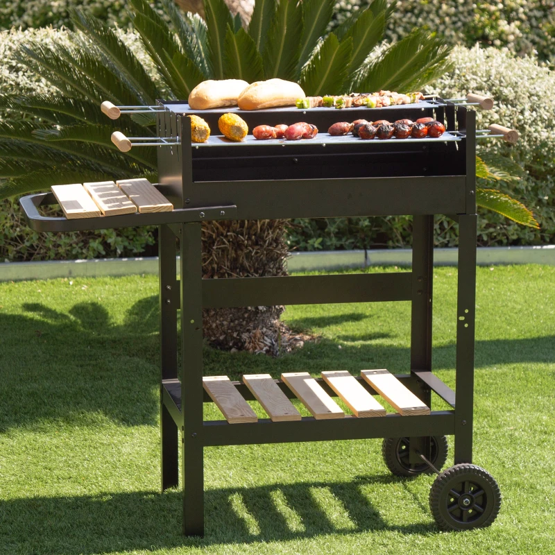 Barbacoa de Carbón Portátil Doble Parrilla Regulable, 100,5x40x88,5 Cm, Negro