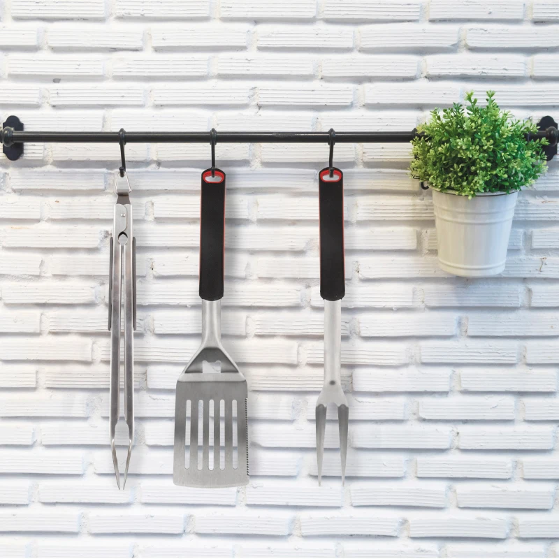 Set Utensilios Barbacoa Aktive, Acero Inoxidable con Mango Antideslizante, 41x9 Cm, Gris y Negro