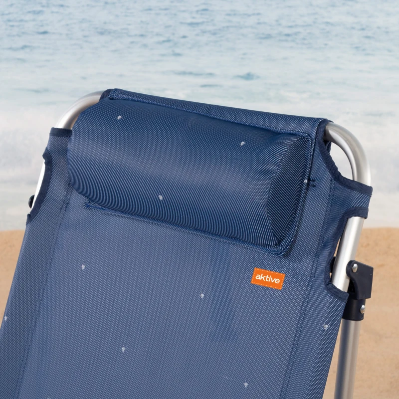 Silla de Playa Tumbona Baja Reclinable 4 Posiciones con Cojín y Bolsillo, 51x45x76 Cm, Azul Marino