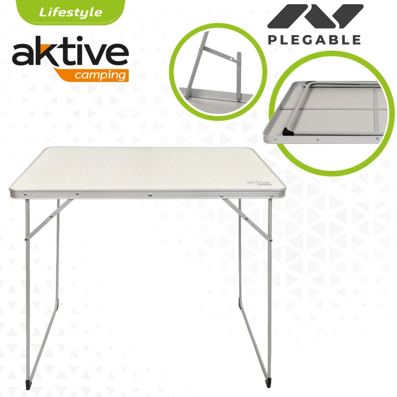 Mesa Plegable de Camping Aktive, Estructura de Acero 9,5 Mm y Tablero MDF, 80x60x70 Cm, Blanco