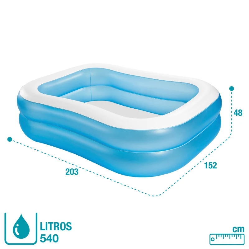 Piscina Hinchable Familiar Rectangular 2 Anillos Vinilo 0,30 Mm, 203x152x48 Cm, Azul
