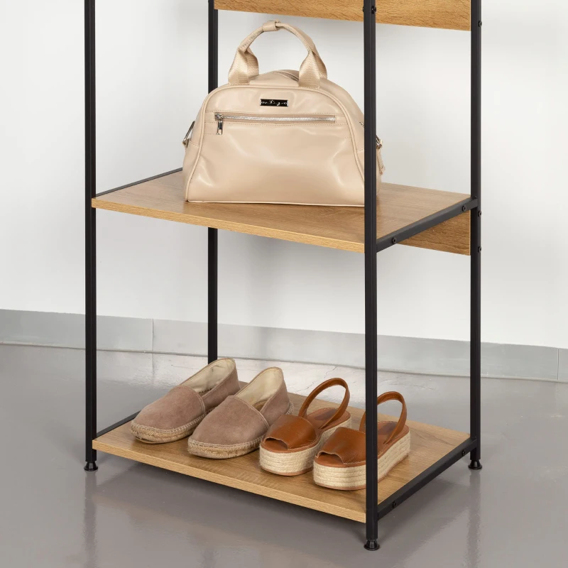 Armario Abierto con Barra Superior y 4 Estantes, 60x40x175 Cm, Negro y Madera