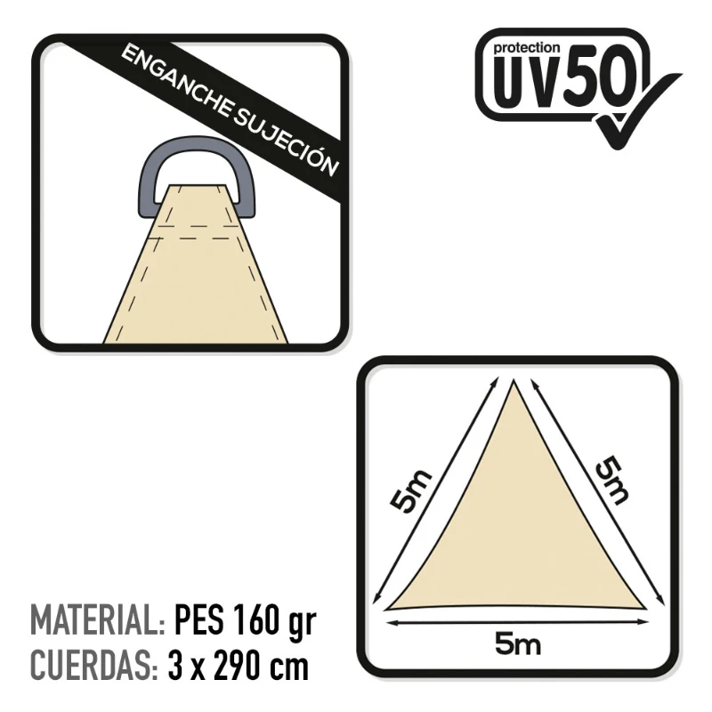 Toldo Triangular Sombreo Tejido 160 G/m2 UV50, 500x500x500 Cm, Crema