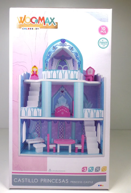 Castillo de Princesas de Madera 3 Plantas WOOMAX, 37x15x53,5 Cm, Rosa y Azul