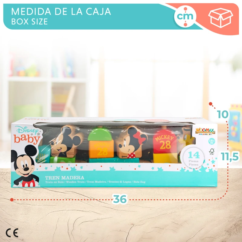 Tren de Madera Disney Woomax, 14 Piezas y 3 Vagones, 36x10x11,5 Cm, Madera Natural