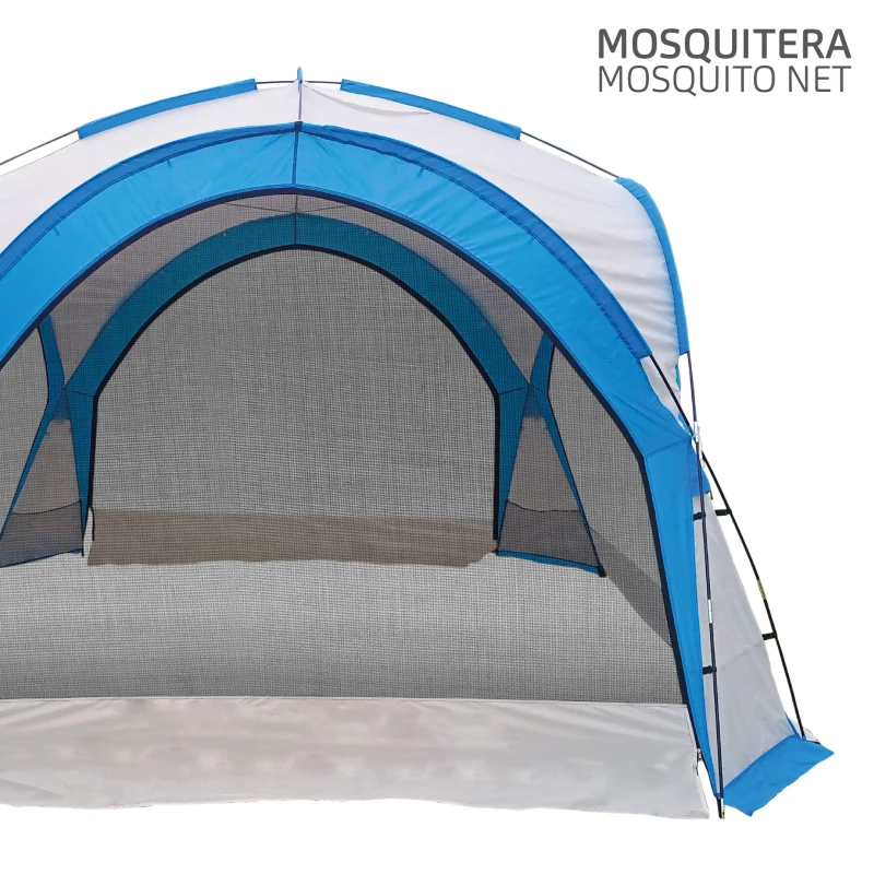Carpa Camping Plegable con Mosquitera y 4 Puertas, 350x350x260 Cm, Azul y Gris