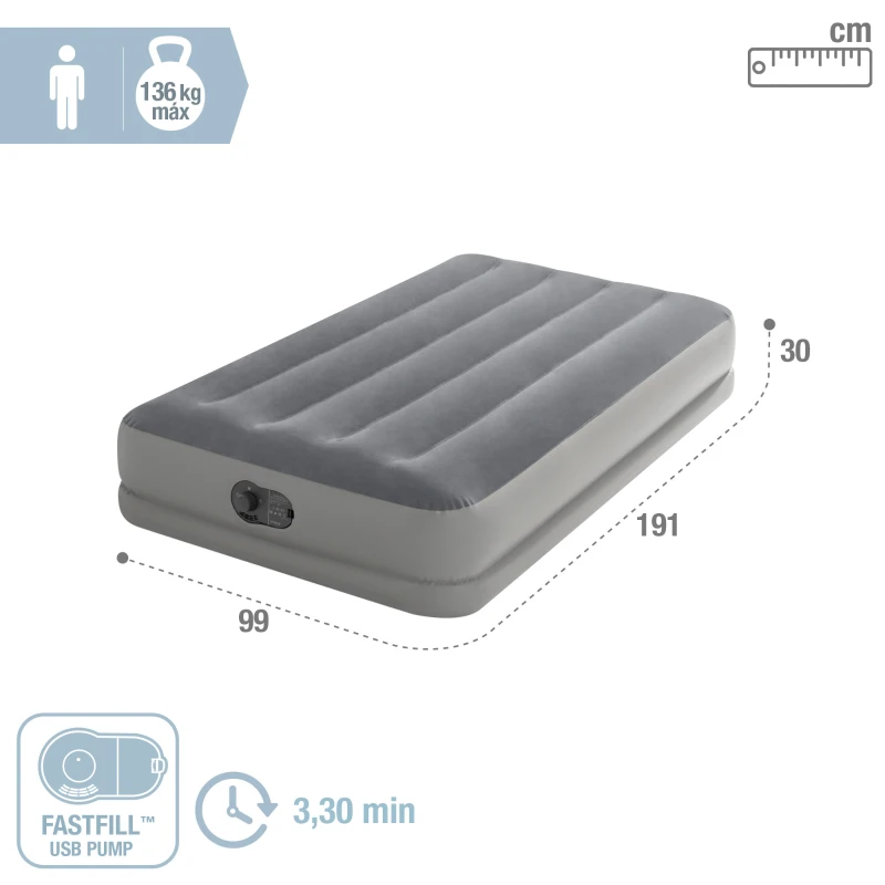 Colchón Hinchable Individual Dura-Beam® Prestige con Bomba USB Incorporada, 99x191x30 Cm, Gris