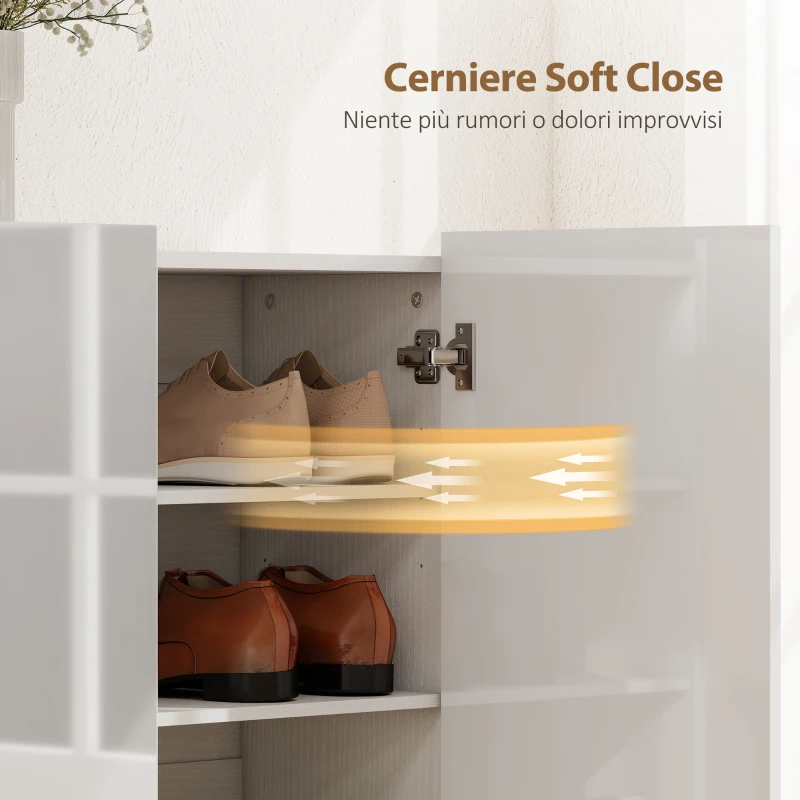HOMCOM Scarpiera Slim da Ingresso per 25-30 Paia di Scarpe con Ante a Chiusura Ammortizzata, Bianco Lucido