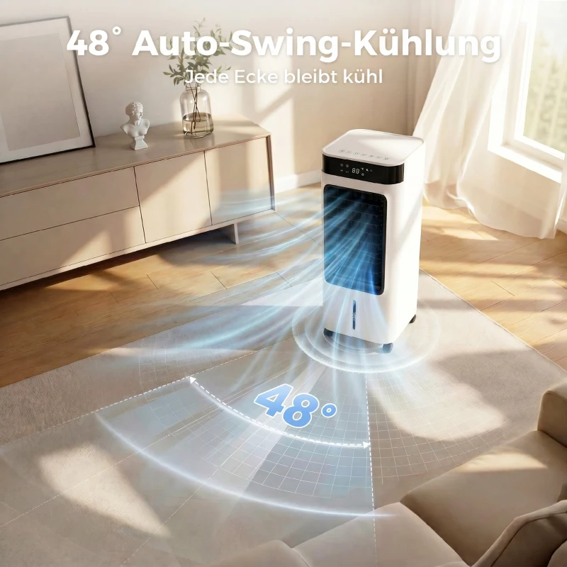 HOMCOM Mobiler Luftkühler, 3-in-1 Verdunstungskühler mit 7-Liter-Wassertank, 48° Schwenkfunktion, Weiß