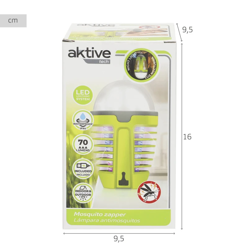 Lámpara Antimosquitos LED 2 en 1 Recargable, 9x9x15 Cm, Verde y Gris