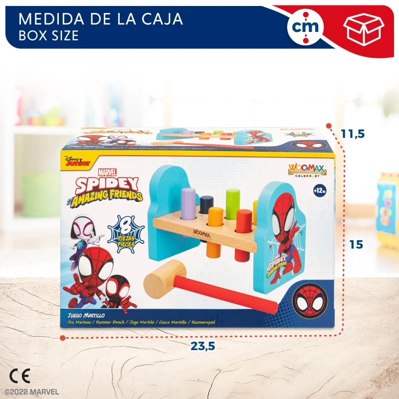 Juguete Martillo Spidey de Madera Sostenible, 23,5x11,5x15 Cm, Multicolor