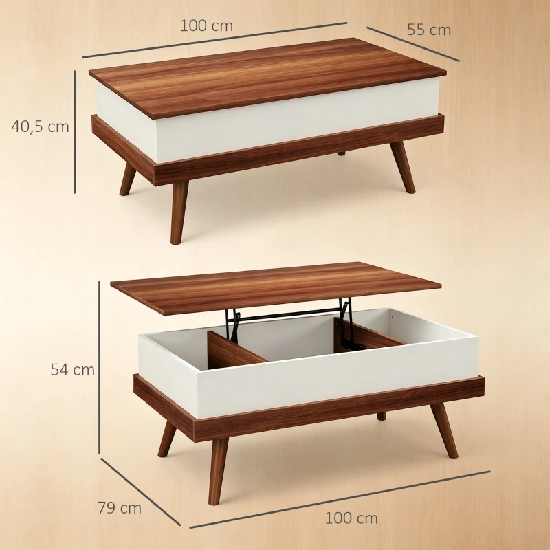 HOMCOM Mesa de Centro Elevable con 3 Compartimientos de Almacenaje Ocultos y Patas de Madera 100x79x54 cm Marrón y Negro