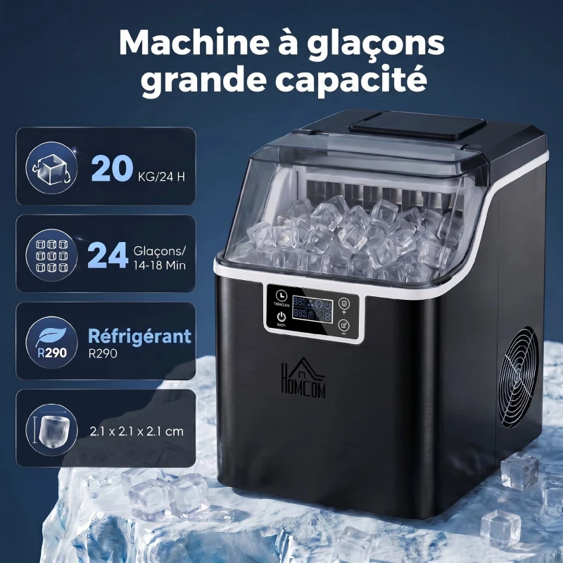 HOMCOM Machine à glaçons, 20 kg en 24h, 24 glaçons en 14-18 min, ice maker avec fonction autonettoyante, 25,2x36x37,1cm, noir
