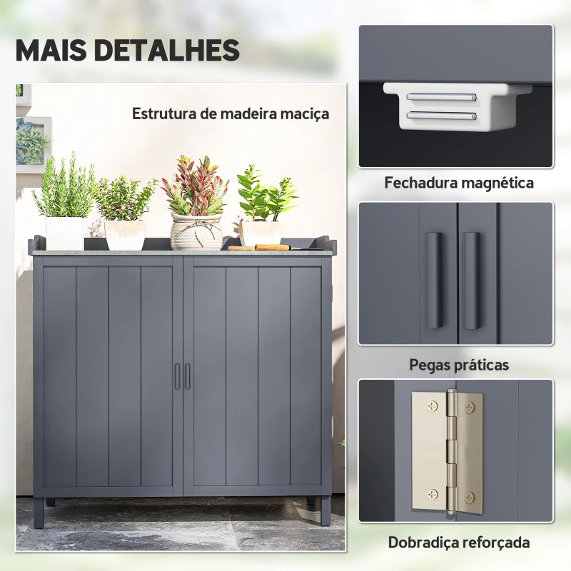 Outsunny Armário de Jardim de Madeira com Mesa de Plantação Armário de Exterior com 2 Portas com Fechadura Magnética e 2 Prateleiras para Terraço Balcão 98x48x95,5cm Cinza